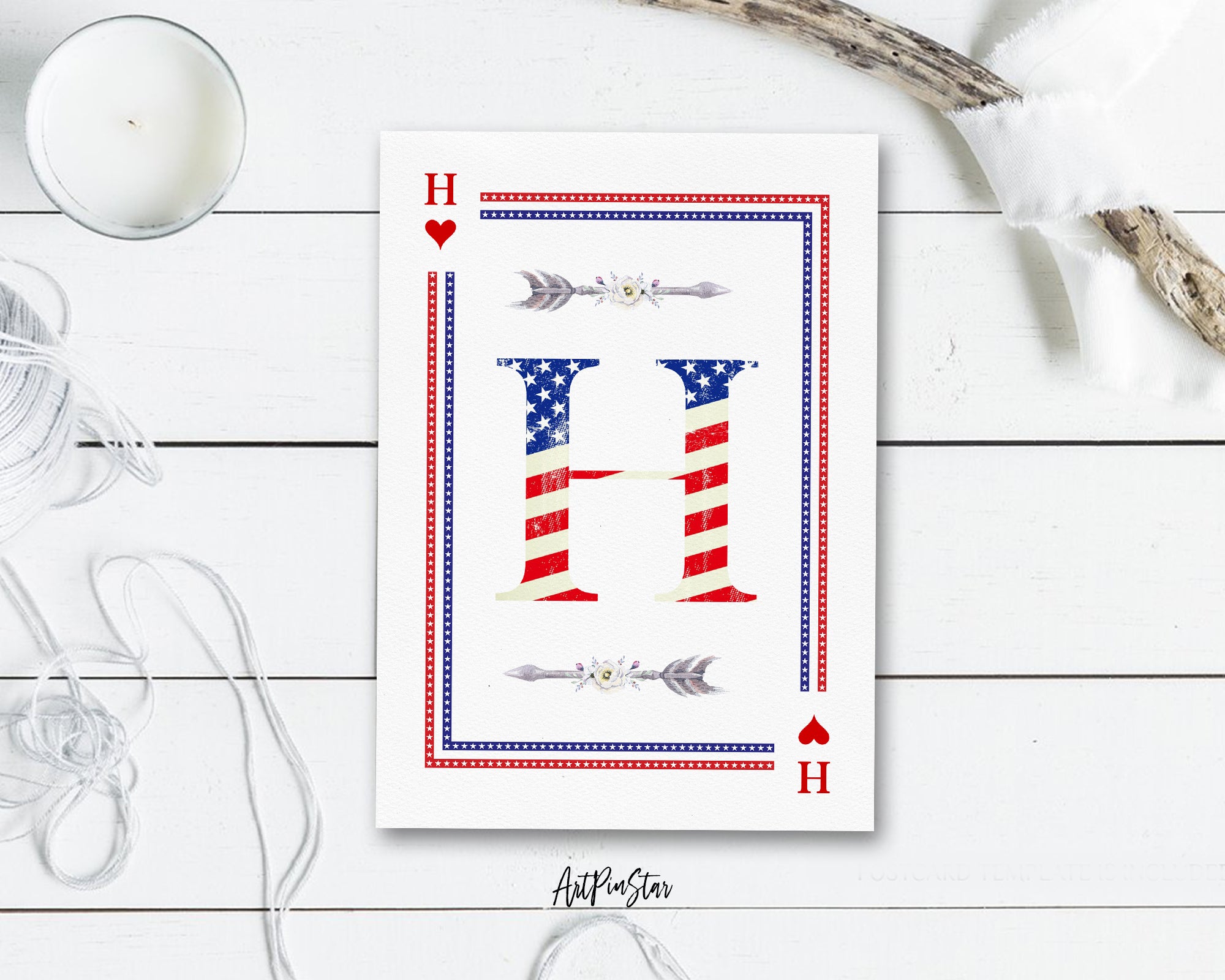 American Flag Letter H Heart Monogram Note Cards
