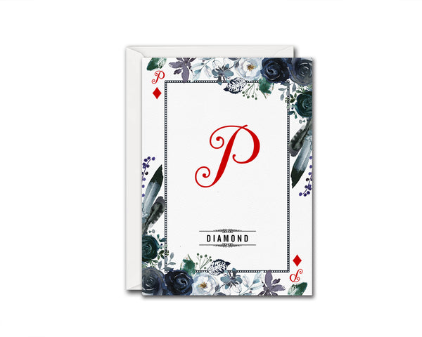Watercolor Floral Flower Bouquet Initial Letter P Diamond Monogram Note Cards