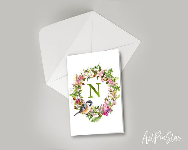 Alphabet Wreath Green Letter N Boho Floral bird Monogram Note Cards
