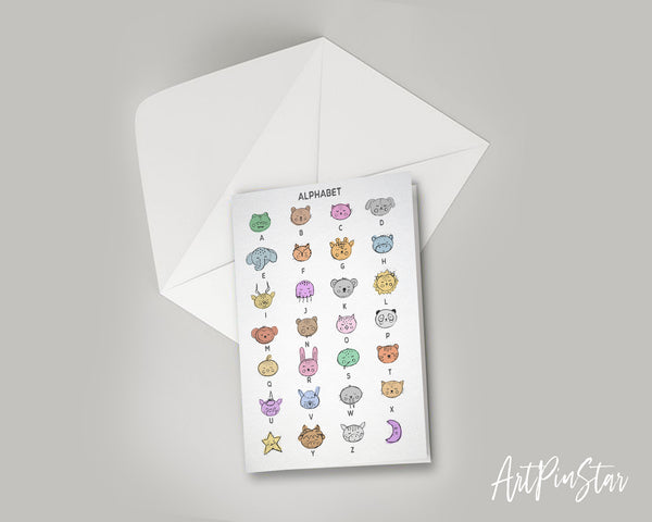 Alphabet Animal Letter Initial Chart A-Z Color Monogram Note Cards