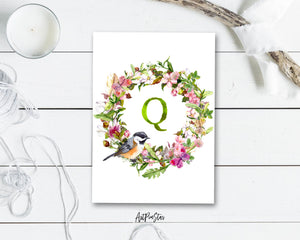 Alphabet Wreath Green Letter Q Boho Floral bird Monogram Note Cards