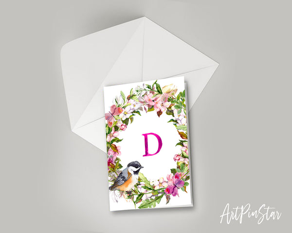 Alphabet Wreath Pink Letter D Boho Floral bird Monogram Note Cards