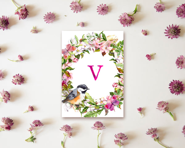 Alphabet Wreath Pink Letter V Boho Floral bird Monogram Note Cards