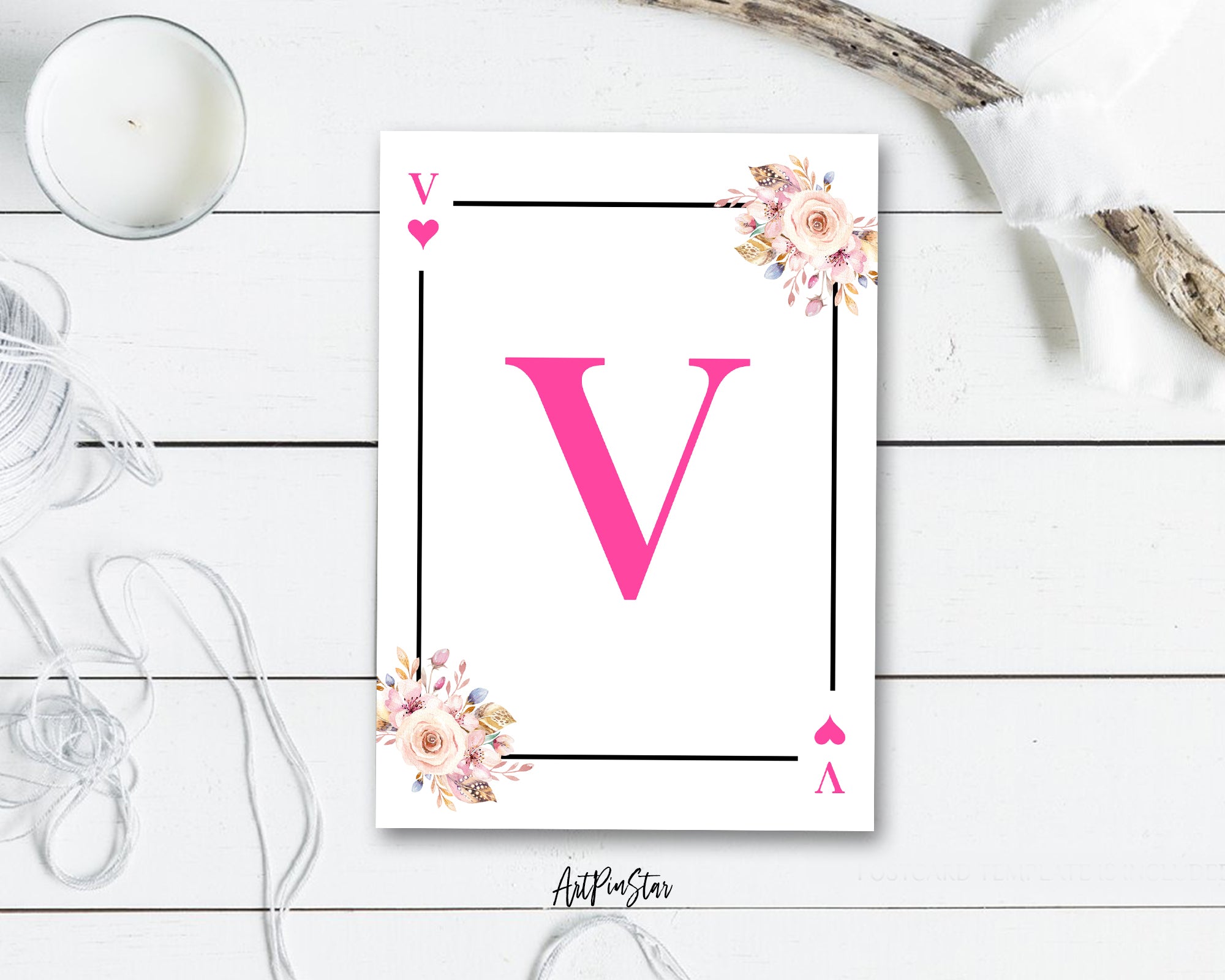 Boho Floral Bouquet Initial Flower Letter V Heart Monogram Note Cards