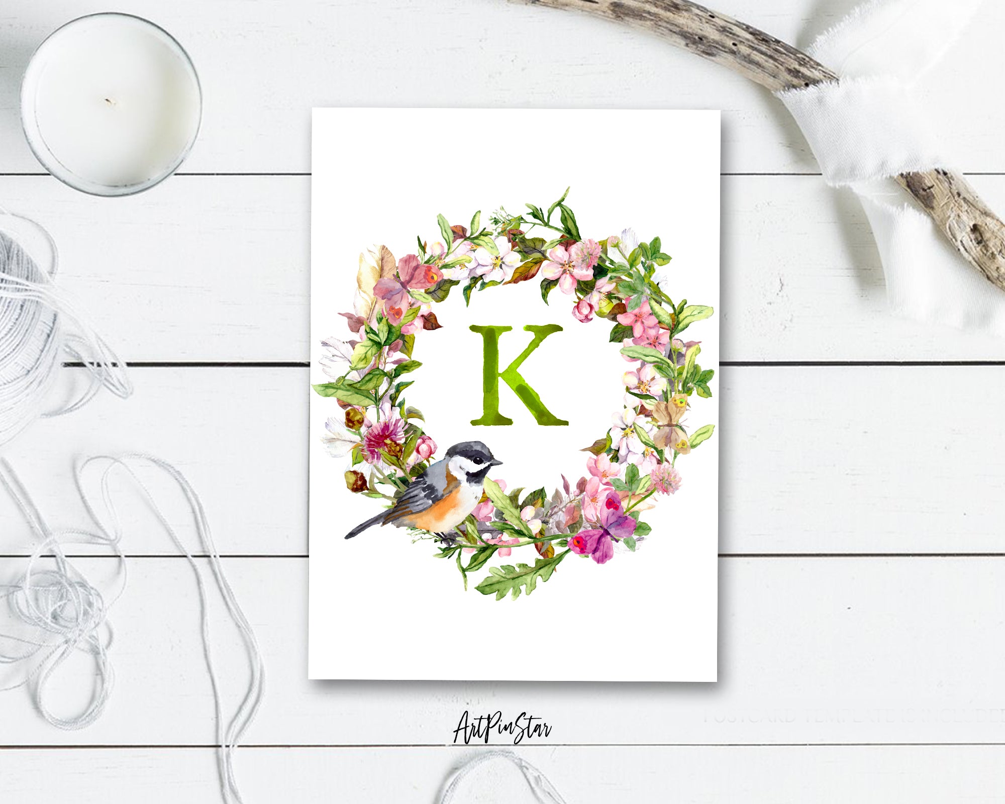 Alphabet Wreath Green Letter K Boho Floral bird Monogram Note Cards