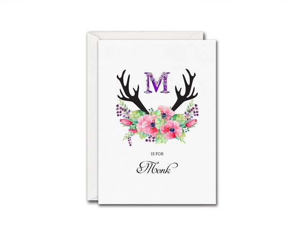 Initial Boho Floral Flower Personalized Letter M is for Name  Monogram Note Cards