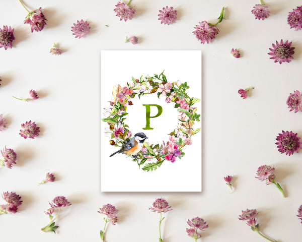 Alphabet Wreath Green Letter P Boho Floral bird Monogram Note Cards
