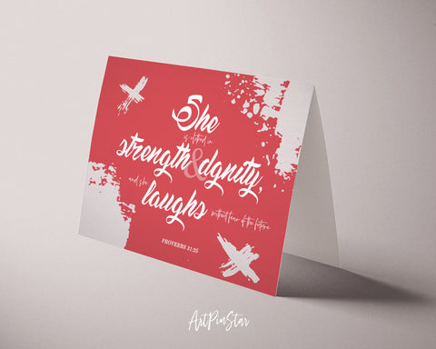 She is clothed in strength & dignity Proverbs 31:25 Bible Verse Customized Greeting Card