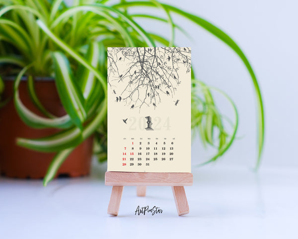 2024 Desk Calendar Silhouette Tree Customizable Wooden Mini Easel Stand Art Display Holder