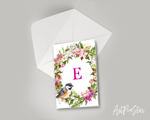 Alphabet Wreath Pink Letter E Boho Floral bird Monogram Note Cards