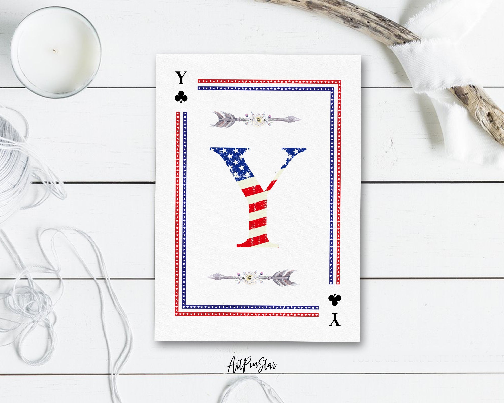 American Flag Letter Y Clover Monogram Note Cards