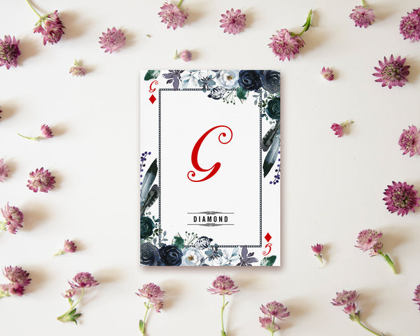 Watercolor Floral Flower Bouquet Initial Letter G Diamond Monogram Note Cards