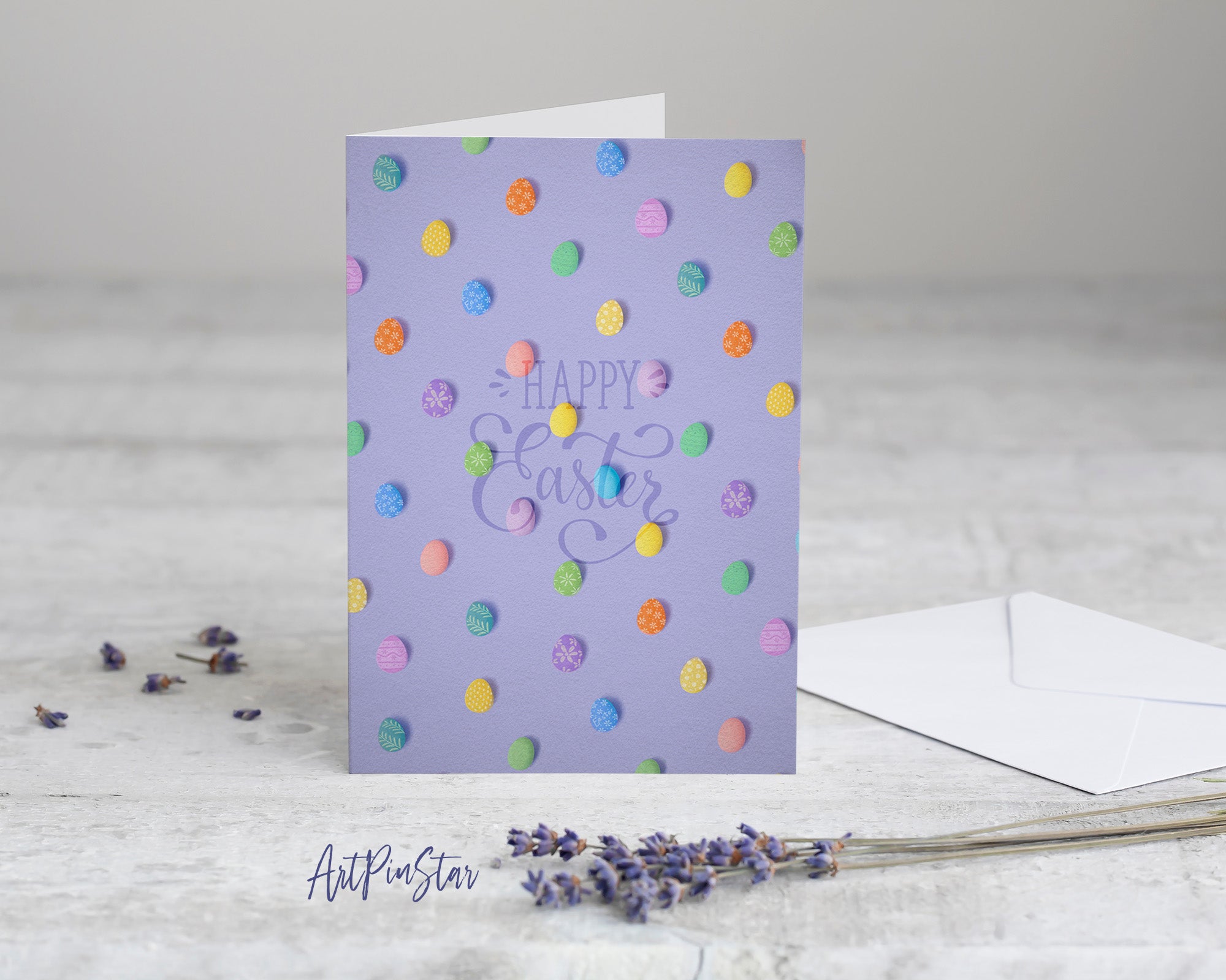 Happy Easter Eggs on Pastel Purple Customized Greeting Card