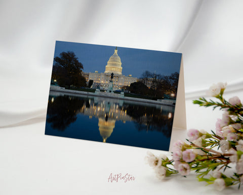 White House US Capitol at Night In Washing DC Landscape Custom Greeting Cards
