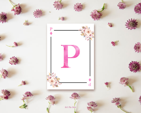 Boho Floral Bouquet Initial Flower Letter P Diamond Monogram Note Cards