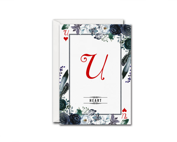 Watercolor Floral Flower Bouquet Initial Letter U Heart Monogram Note Cards