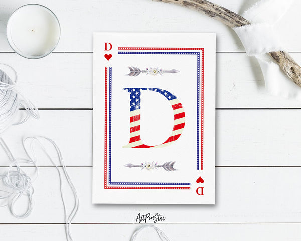 American Flag Letter D Heart Monogram Note Cards