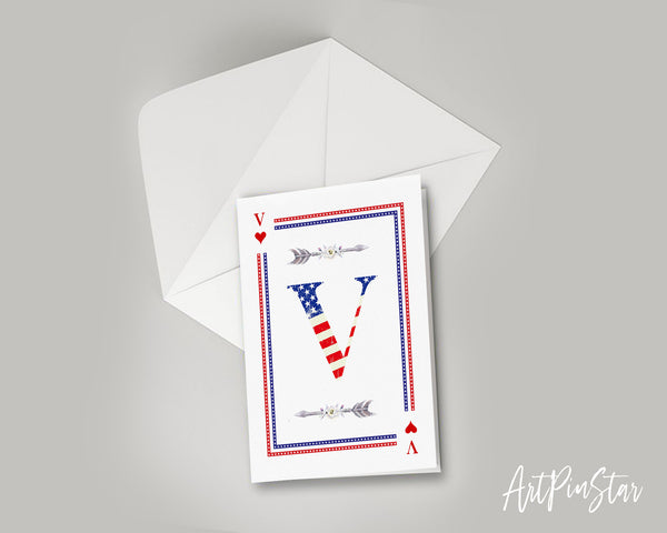 American Flag Letter V Heart Monogram Note Cards
