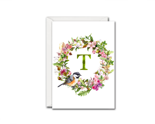 Alphabet Wreath Green Letter T Boho Floral bird Monogram Note Cards