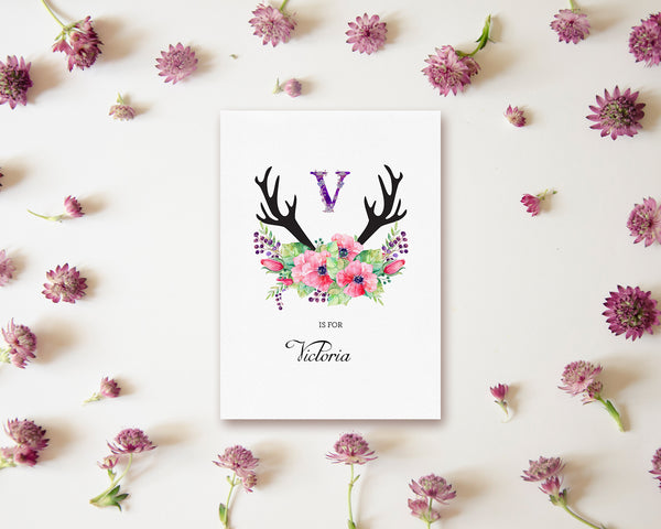 Initial Boho Floral Flower Personalized Letter V is for Name  Monogram Note Cards