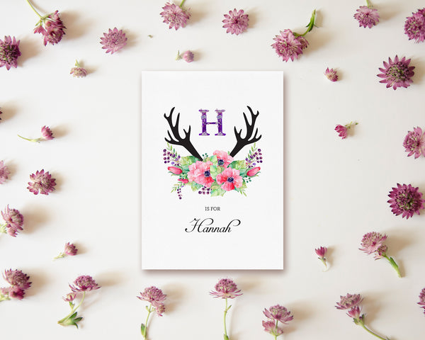 Initial Boho Floral Flower Personalized Letter H is for Name  Monogram Note Cards