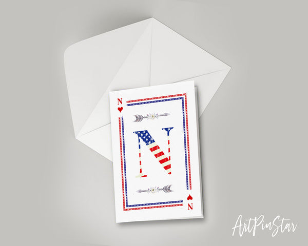 American Flag Letter N Heart Monogram Note Cards
