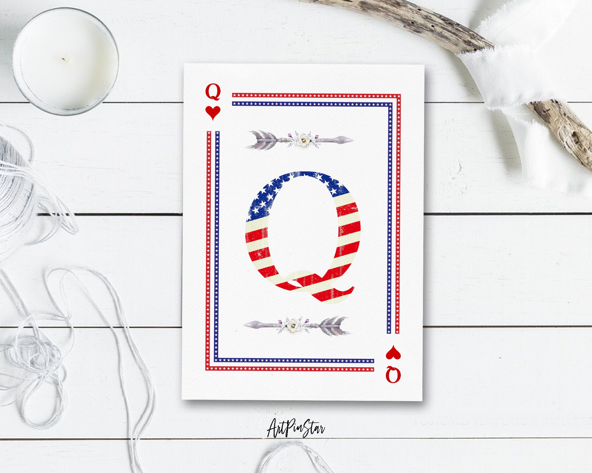 American Flag Letter Q Heart Monogram Note Cards