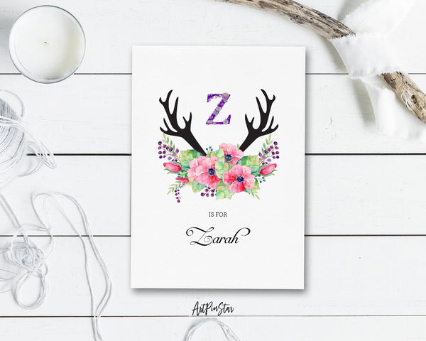Initial Boho Floral Flower Personalized Letter Z is for Name  Monogram Note Cards