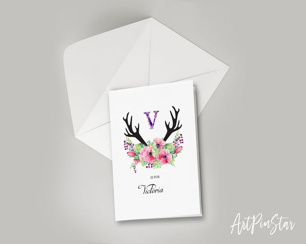 Initial Boho Floral Flower Personalized Letter V is for Name  Monogram Note Cards