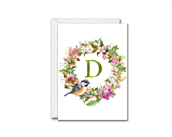 Alphabet Wreath Green Letter D Boho Floral bird Monogram Note Cards