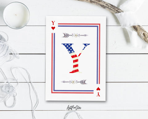 American Flag Letter Y Heart Monogram Note Cards