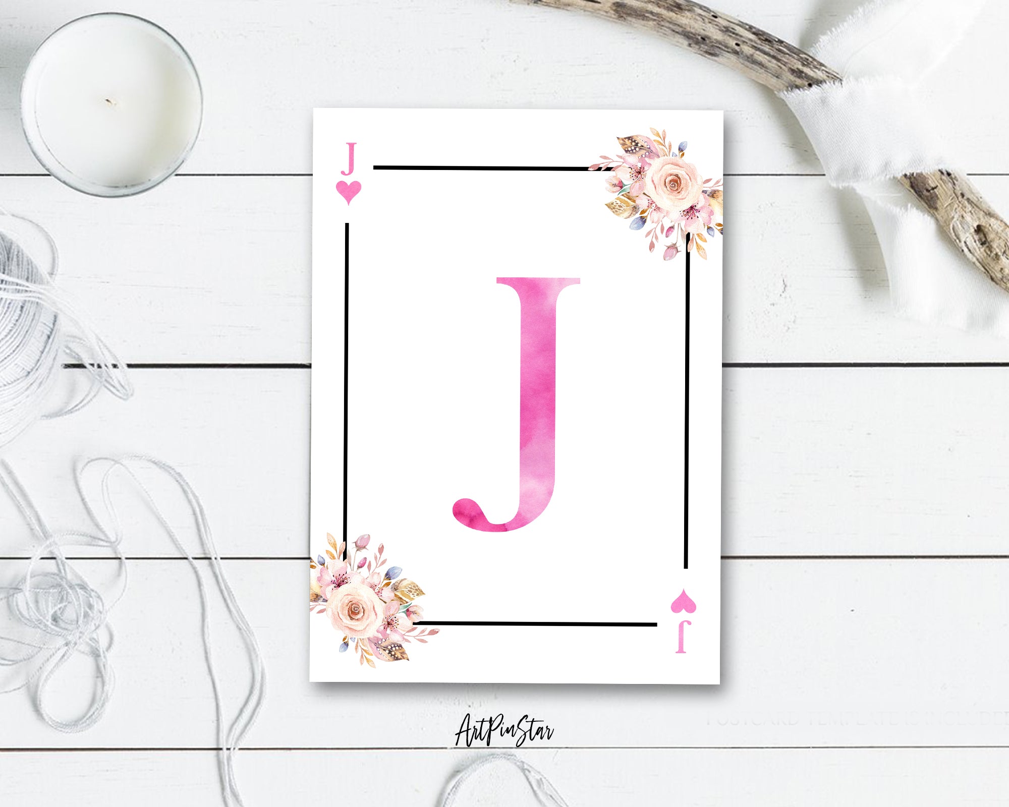 Boho Floral Bouquet Initial Flower Letter J Heart Monogram Note Cards