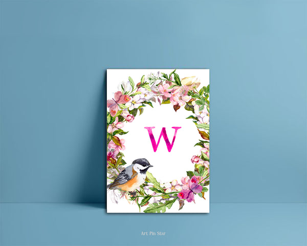 Alphabet Wreath Pink Letter W Boho Floral bird Monogram Note Cards
