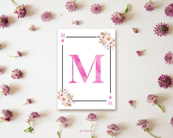 Boho Floral Bouquet Initial Flower Letter M Diamond Monogram Note Cards