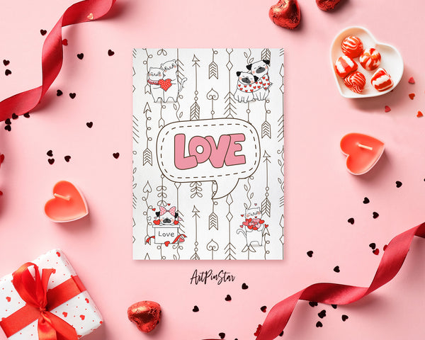 Valentine's Day Cute Cat and Pug Dog with Little Heart Customized Greeting Card