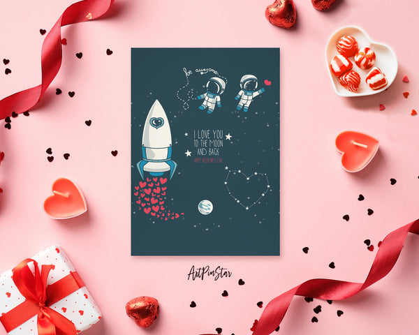 Valentine's Day, Moon, Stars, Astronauts in Space and Rocket, Cosmic Customized Greeting Card