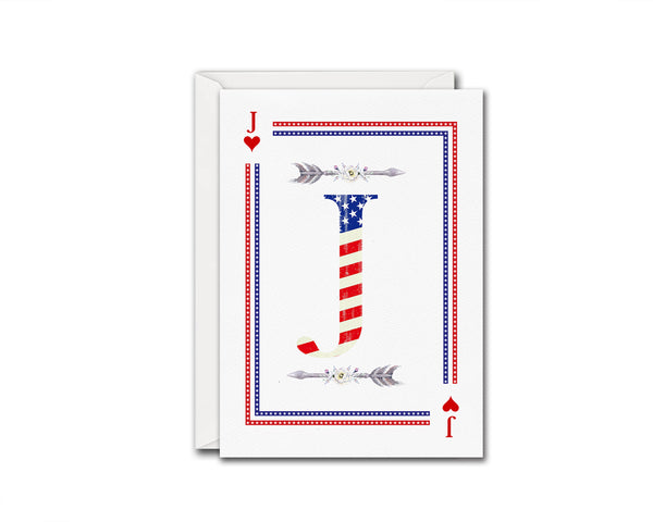 American Flag Letter J Heart Monogram Note Cards