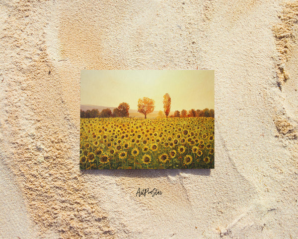 Rural Sunset Garden Flag A Golden Sunflower Field Lit by Warm Light of Setting Sun Trees Landscape Custom Greeting Cards