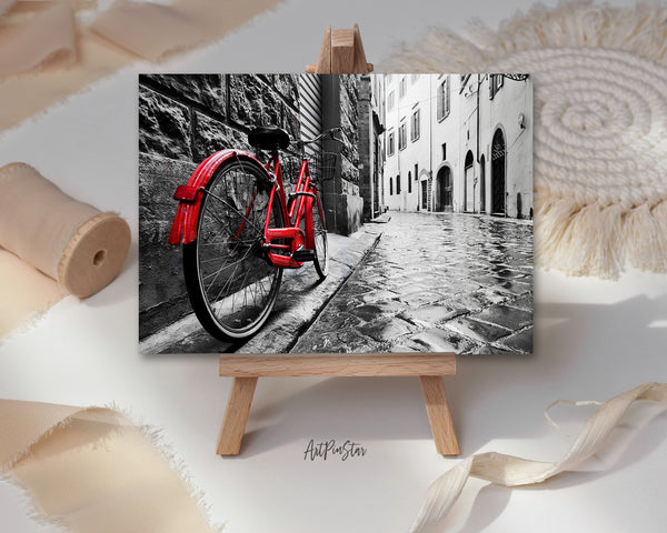 Retro Vintage Red Bike on Cobblestone Street Landscape Custom Greeting Cards