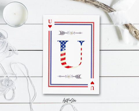 American Flag Letter U Heart Monogram Note Cards