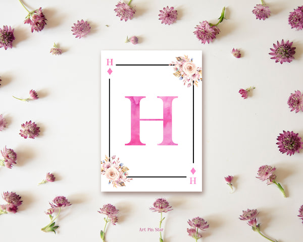 Boho Floral Bouquet Initial Flower Letter H Diamond Monogram Note Cards