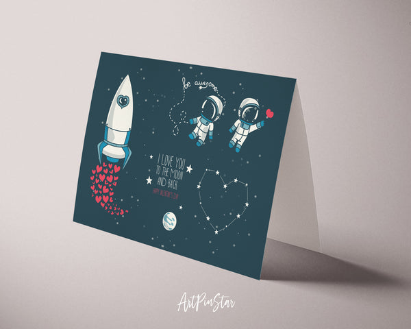 Valentine's Day, Moon, Stars, Astronauts in Space and Rocket, Cosmic Customized Greeting Card