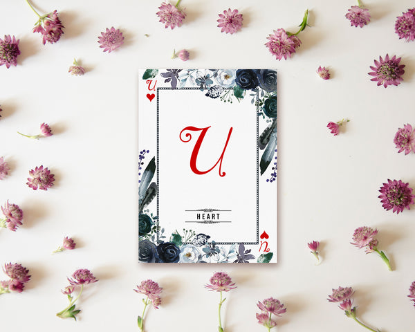 Watercolor Floral Flower Bouquet Initial Letter U Heart Monogram Note Cards