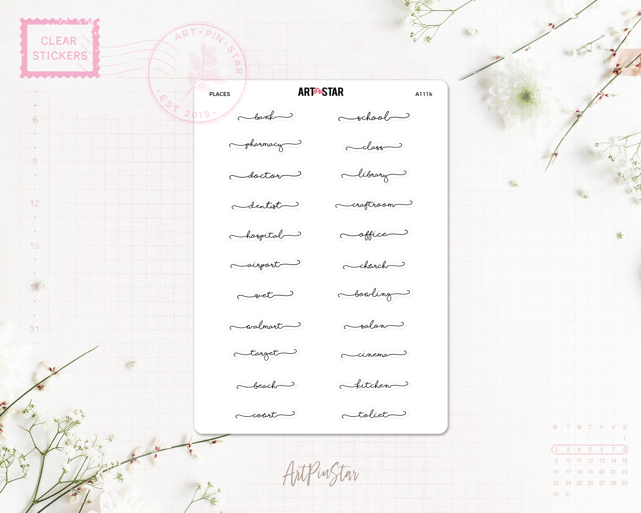 Lettering Functional Planner Planner Sticker, Places