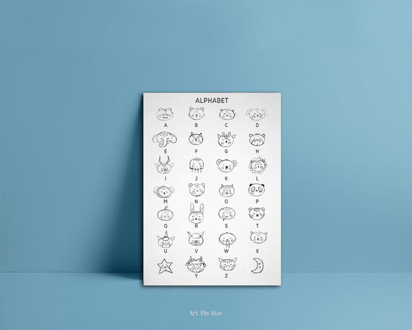 Alphabet Animal Letter Initial Chart A-Z Line Monogram Note Cards