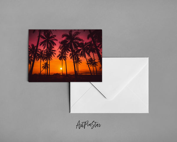 Coconut Palm Trees Silhouettes on Beach at Sunset Landscape Custom Greeting Cards