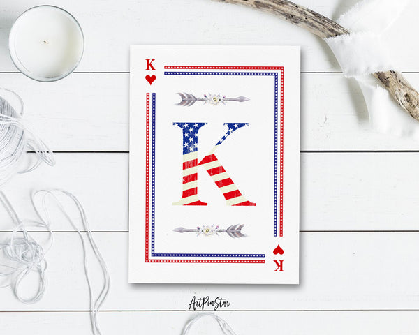 American Flag Letter K Heart Monogram Note Cards