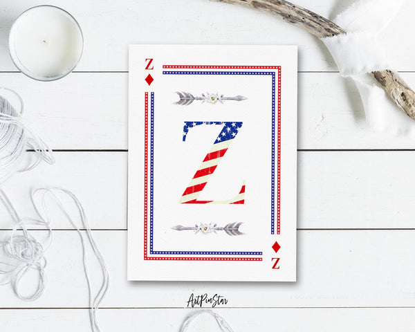 American Flag Letter Z Diamond Monogram Note Cards