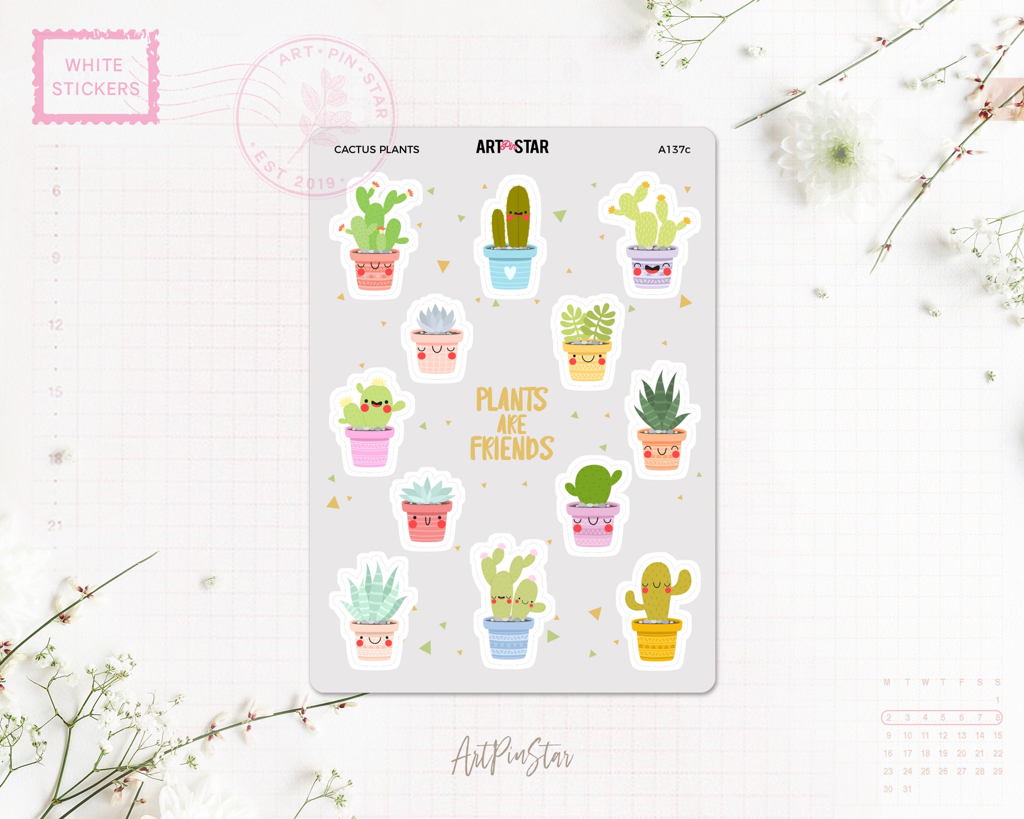 Cactus Plants Planner Sticker, Gray