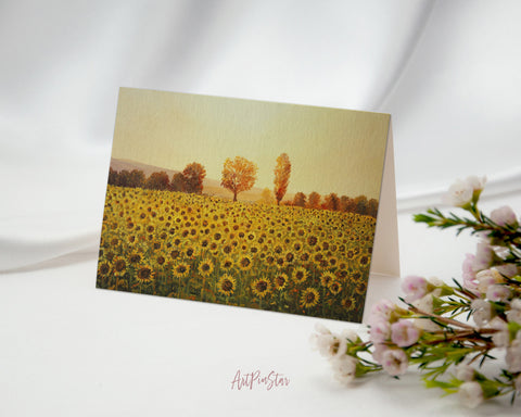 Rural Sunset Garden Flag A Golden Sunflower Field Lit by Warm Light of Setting Sun Trees Landscape Custom Greeting Cards